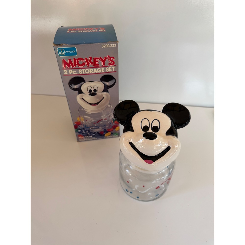 Vintage Anchor Hocking Mickey Mouse Glass Storage Jar Ceramic Lid 3200/233